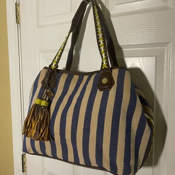 Big Buddha navy Blue &Beige stripes Fabric Large Tote Bag synthetic brown straps - Picture 1 of 16